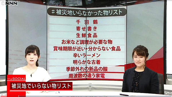 被災地いらなかったものリスト 千羽鶴 寄せ書き 生鮮食品 お米など調理が必要な物 賞味期限が近い・分からない食品 辛いラーメン 明らかな古着 季節外れの新品の服 周波数の違う家電